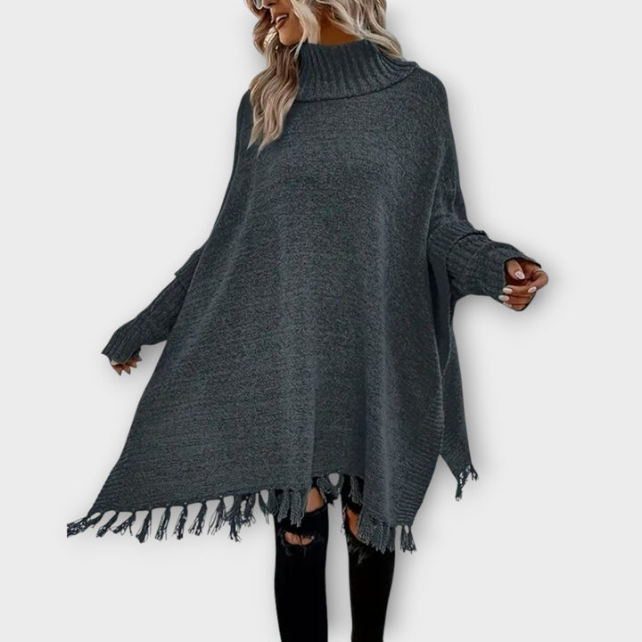 Fringed Oversized Turtleneck Poncho Sweater