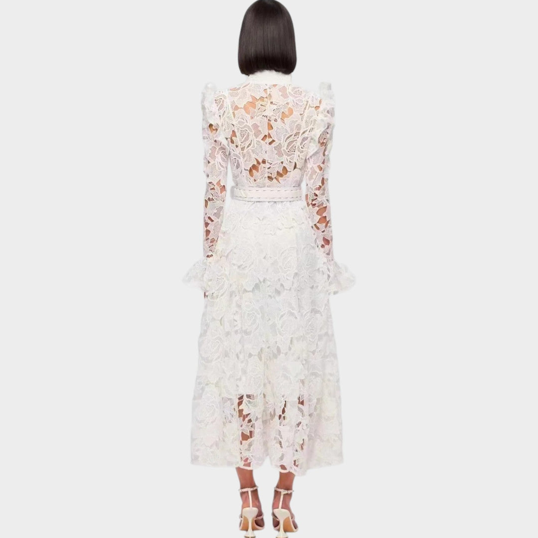 High Neck Belted Lace Midi Dress