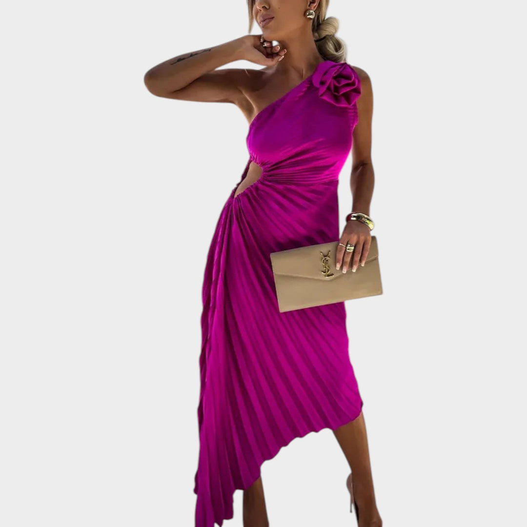 One-Shoulder Pleated Satin Dress