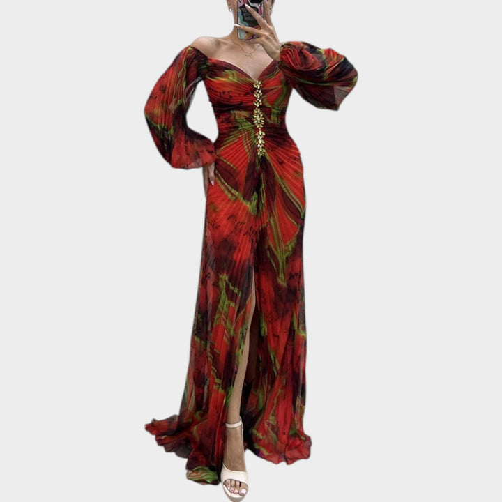 Ruched Long-Sleeve Split Maxi Dress