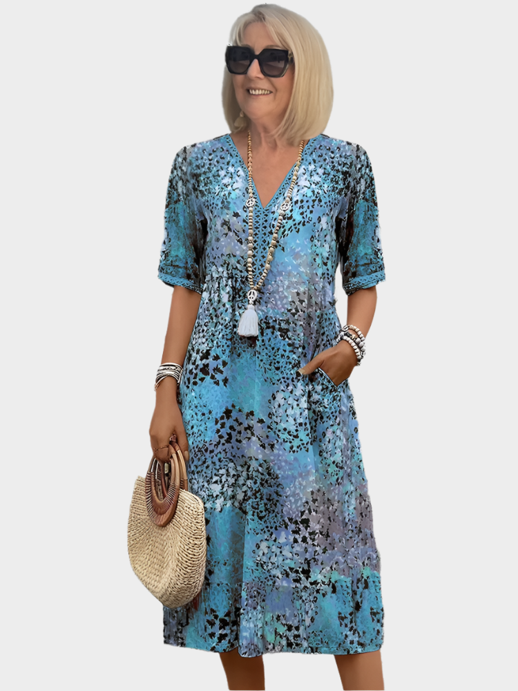 Airy Summer Dress with Summer Pattern and V Neckline