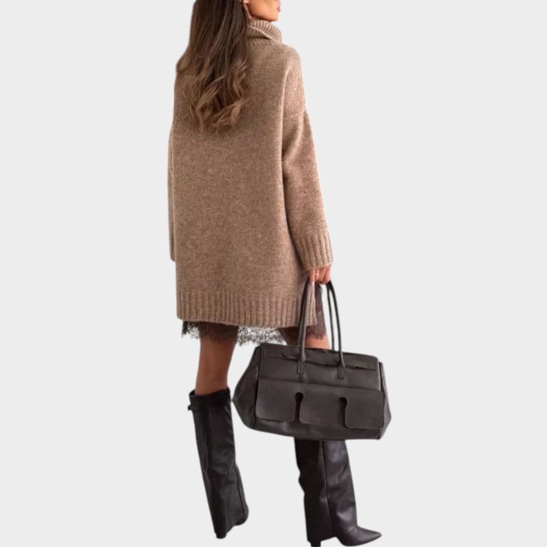 Chunky Knit Sweater Dress Featuring a Lace Hem