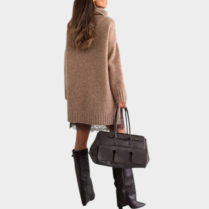 Chunky Knit Sweater Dress Featuring a Lace Hem