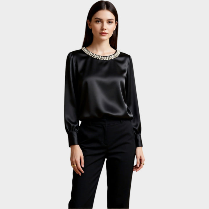 Satin Pearl-Trim Blouse
