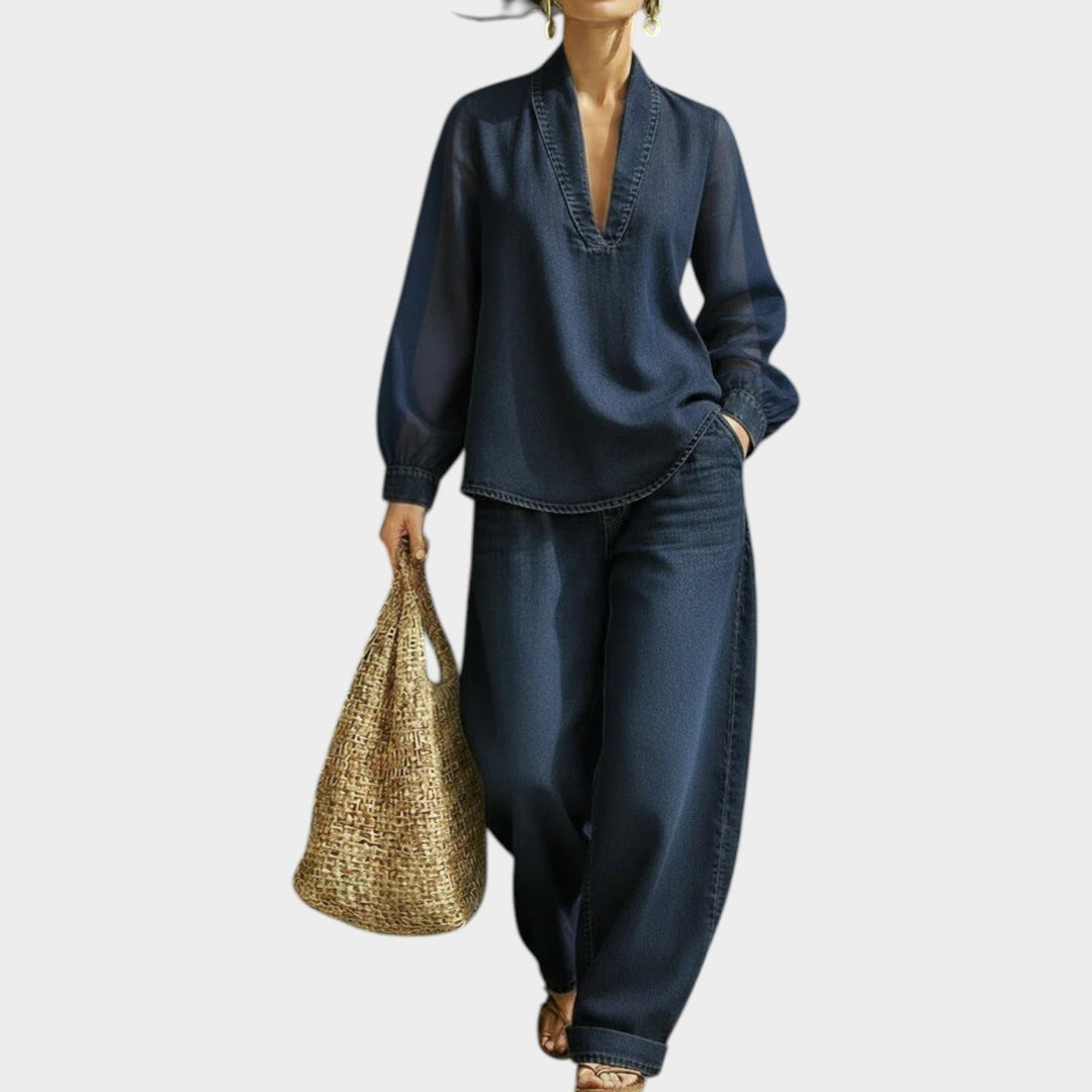 Minimalist V-Neck Two-Piece Set with Mesh Sleeves
