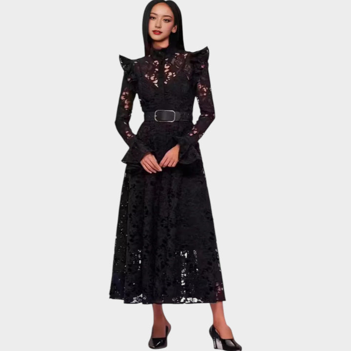 High Neck Belted Lace Midi Dress