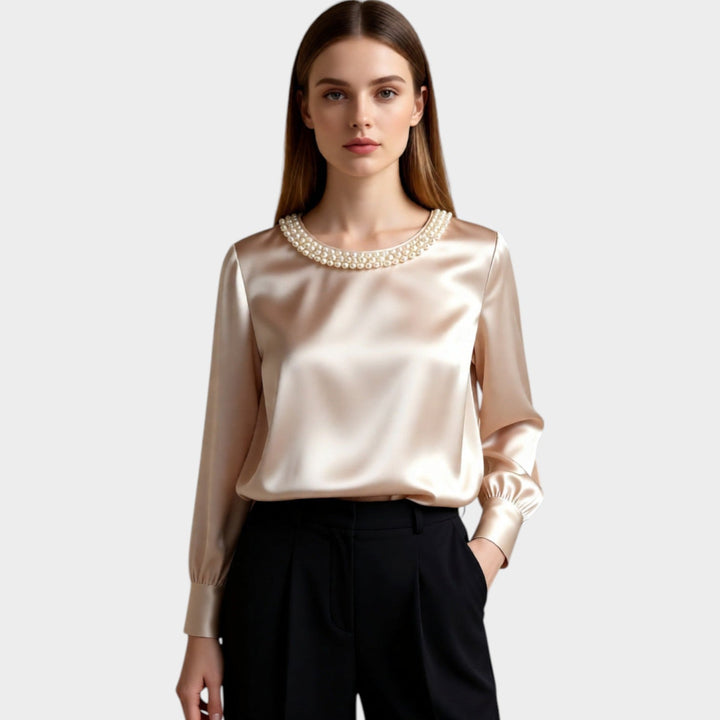 Satin Pearl-Trim Blouse