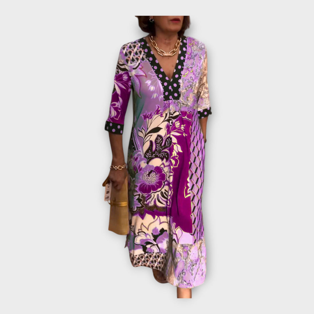 Multicolored Dress with Buttons and 3/4 Sleeves