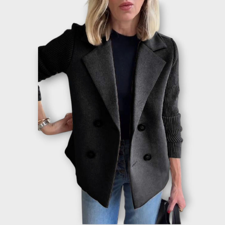 Double-Breasted Blazer with Knit Sleeves