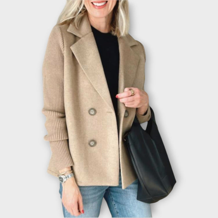 Double-Breasted Blazer with Knit Sleeves