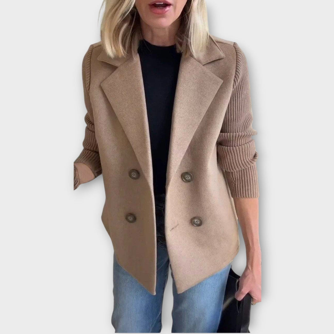 Double-Breasted Blazer with Knit Sleeves