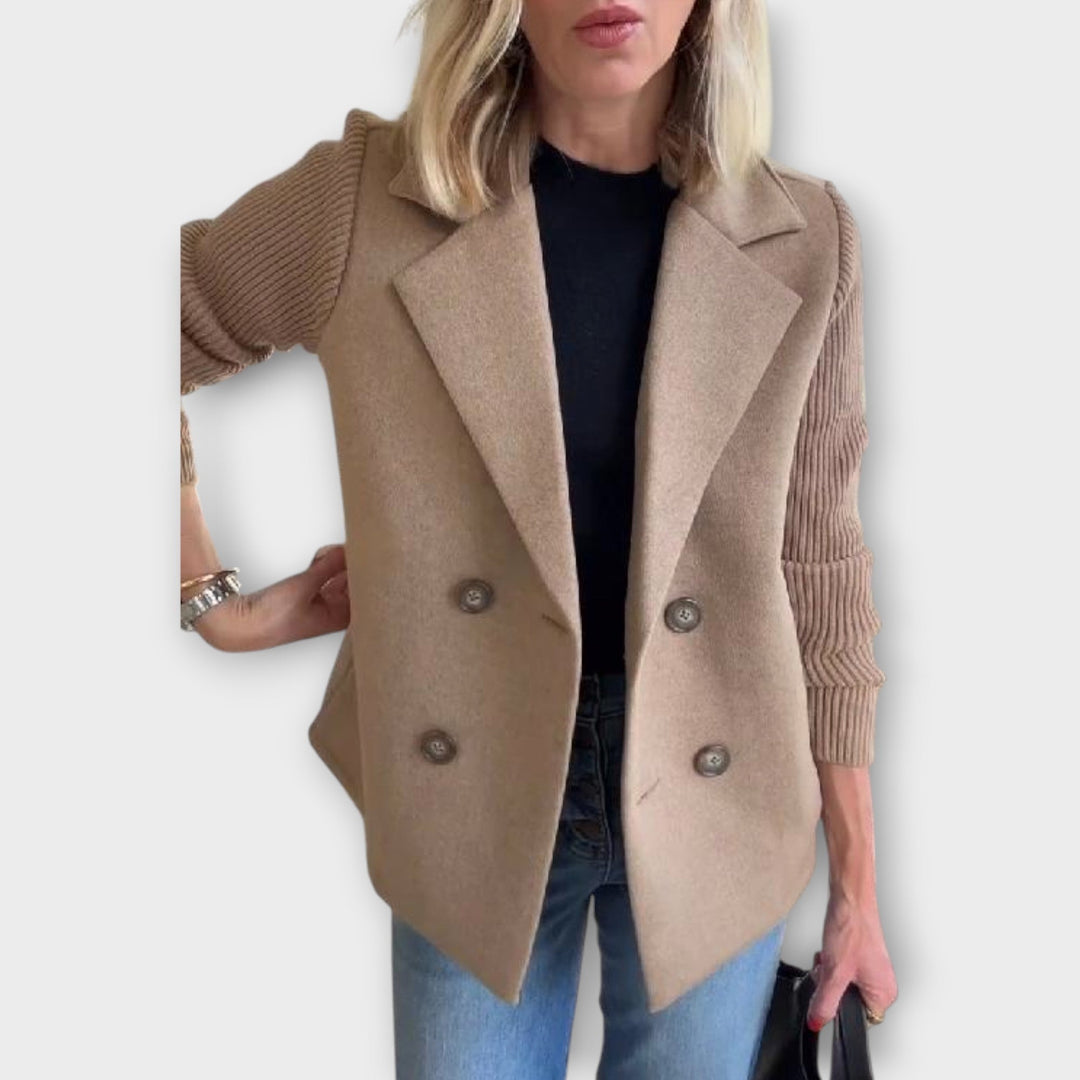 Double-Breasted Blazer with Knit Sleeves