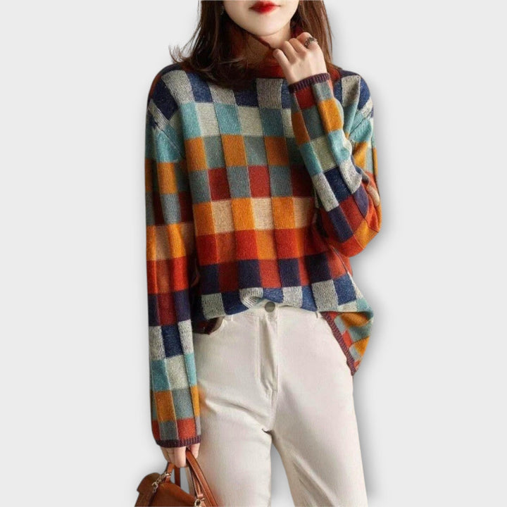 Warm Plaid Turtleneck Knit Sweater