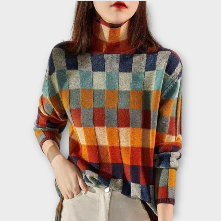 Warm Plaid Turtleneck Knit Sweater