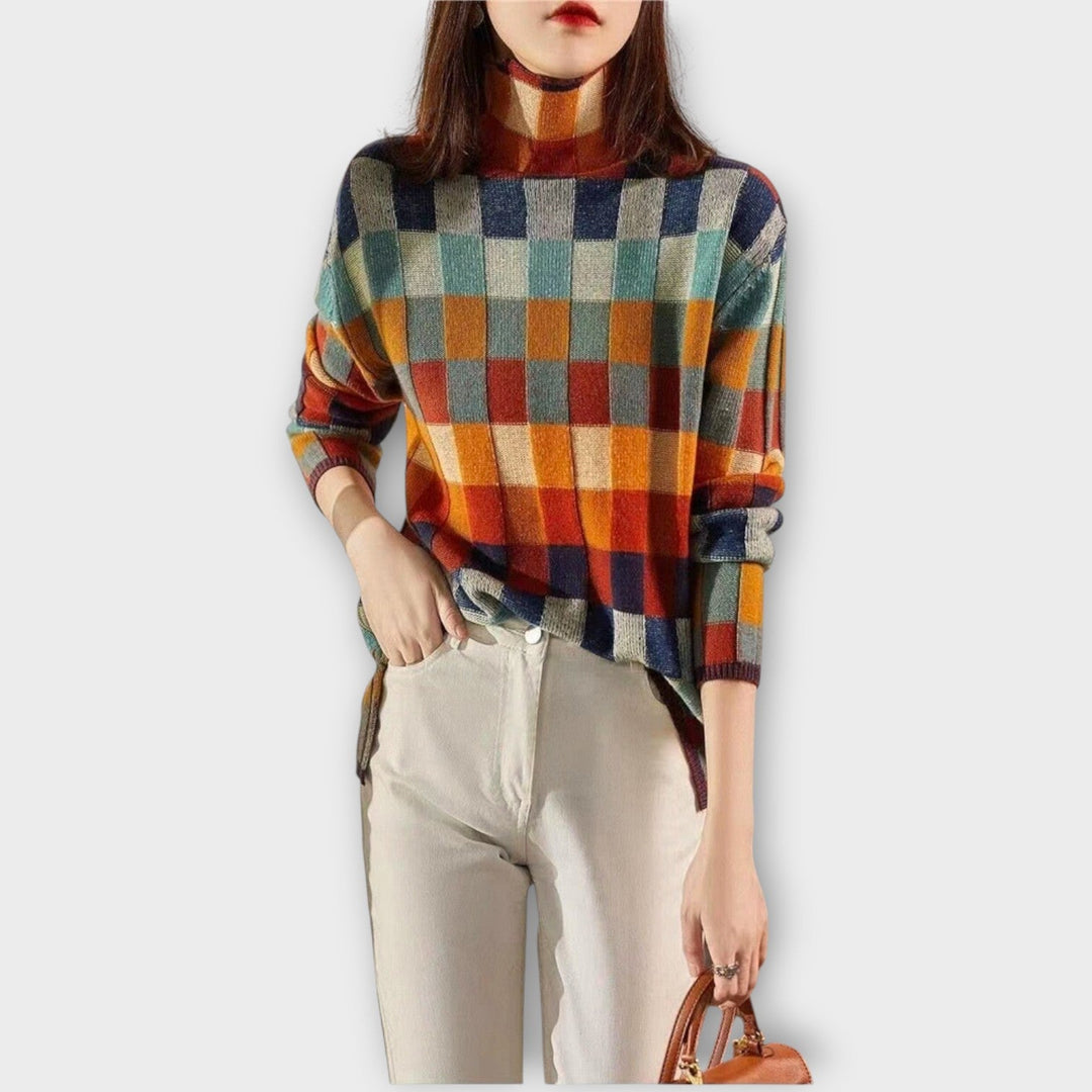 Warm Plaid Turtleneck Knit Sweater