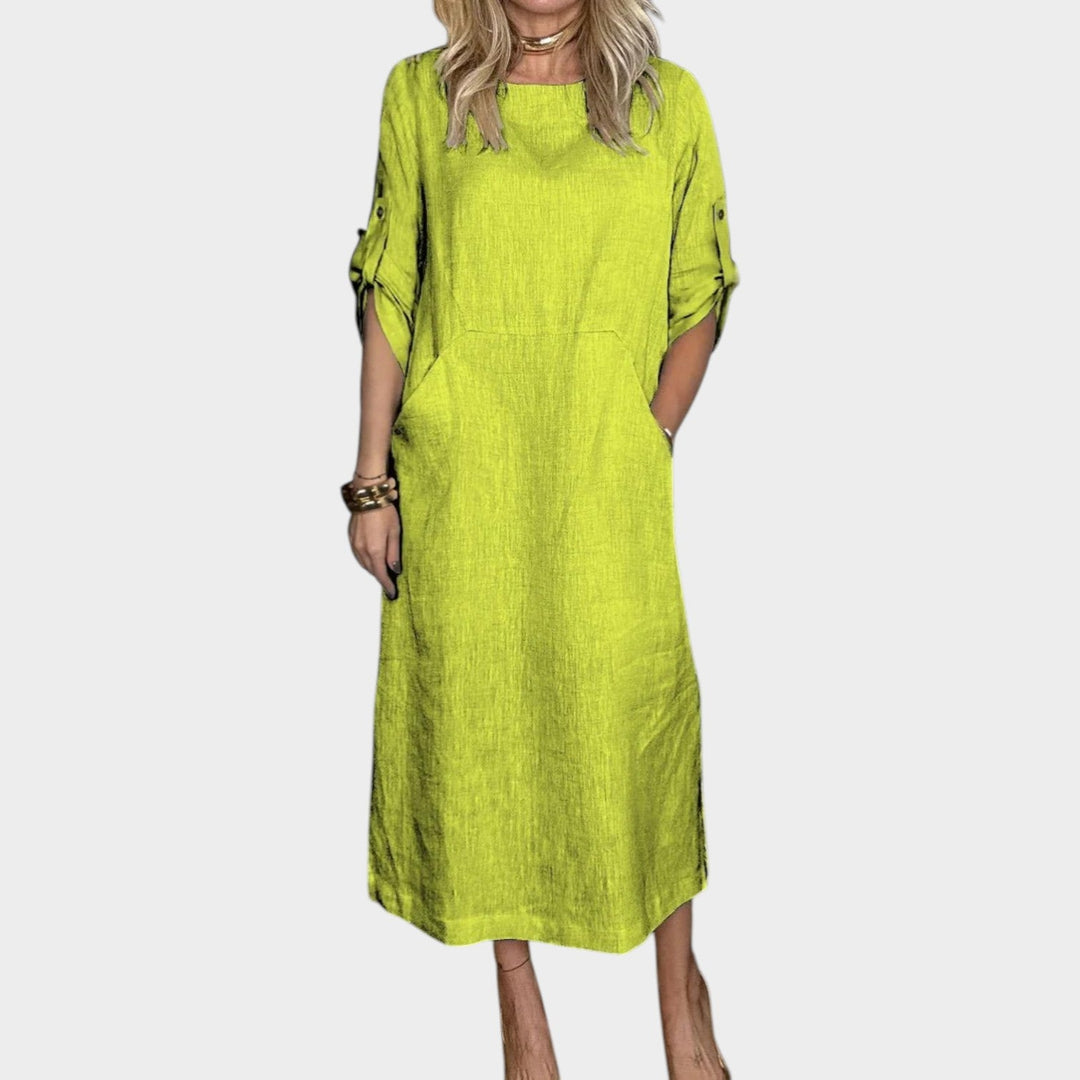 Casual Rolled-Sleeve Midi Dress