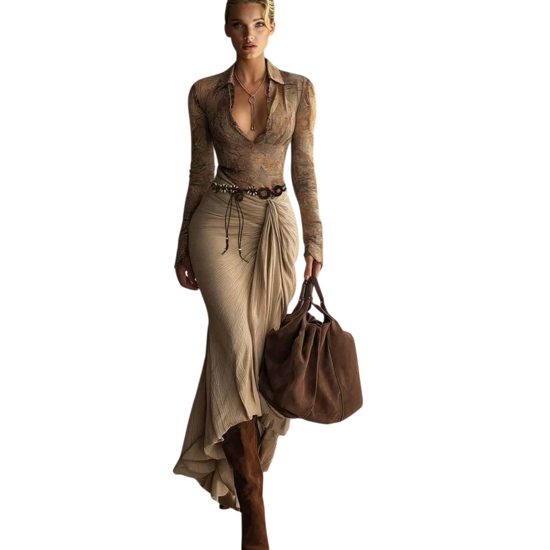 Boho Draped Skirt & Lace Top Set