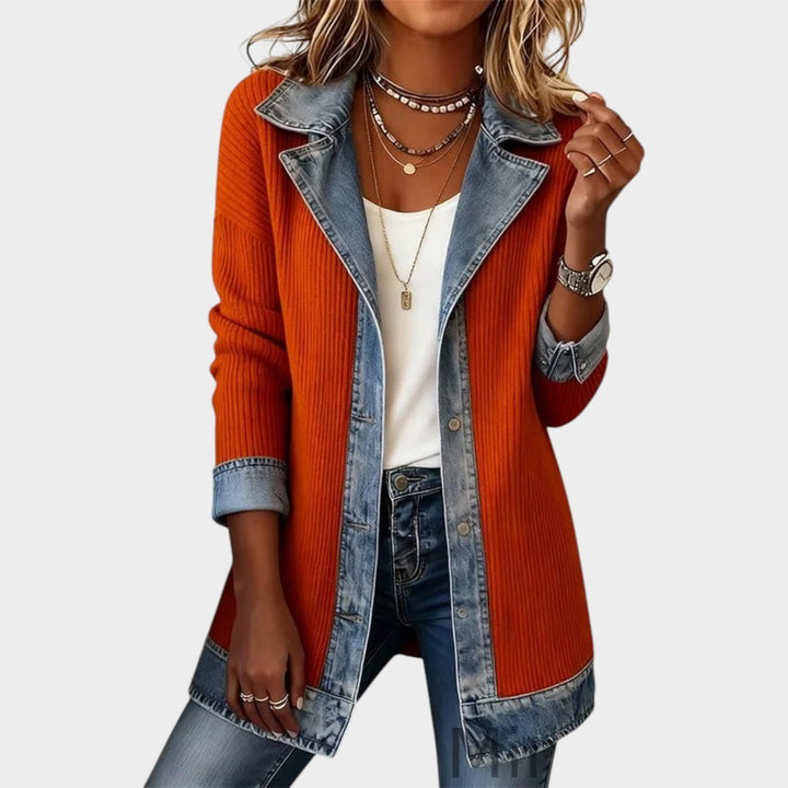 Denim-Trim Knit Cardigan Jacket