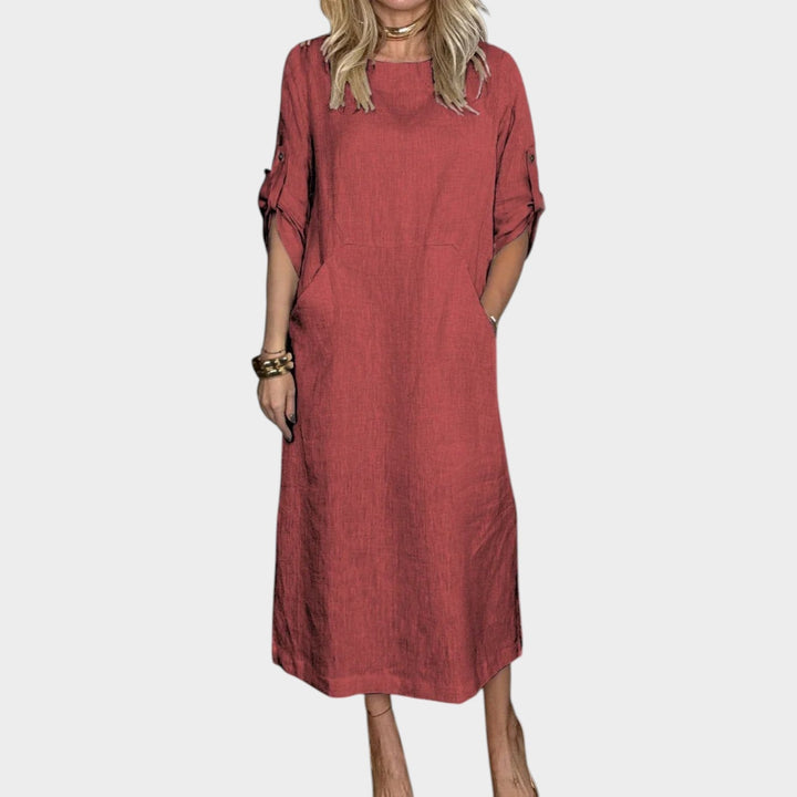 Casual Rolled-Sleeve Midi Dress